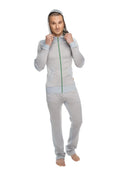 A light gray mid-weight fleece form-fit yoga track hoodie with green zipper and matching hood from the winter collection
