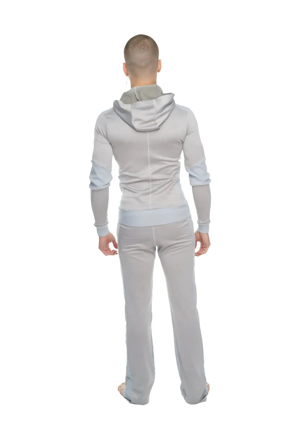 Gray hooded sweatshirt with light blue accents in mid-weight performance-luxe-fleece for yoga and track