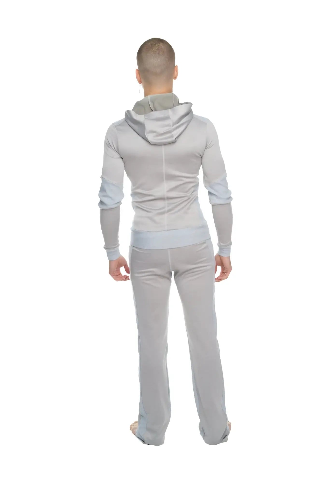 Gray hooded sweatshirt with light blue accents in mid-weight performance-luxe-fleece for yoga and track