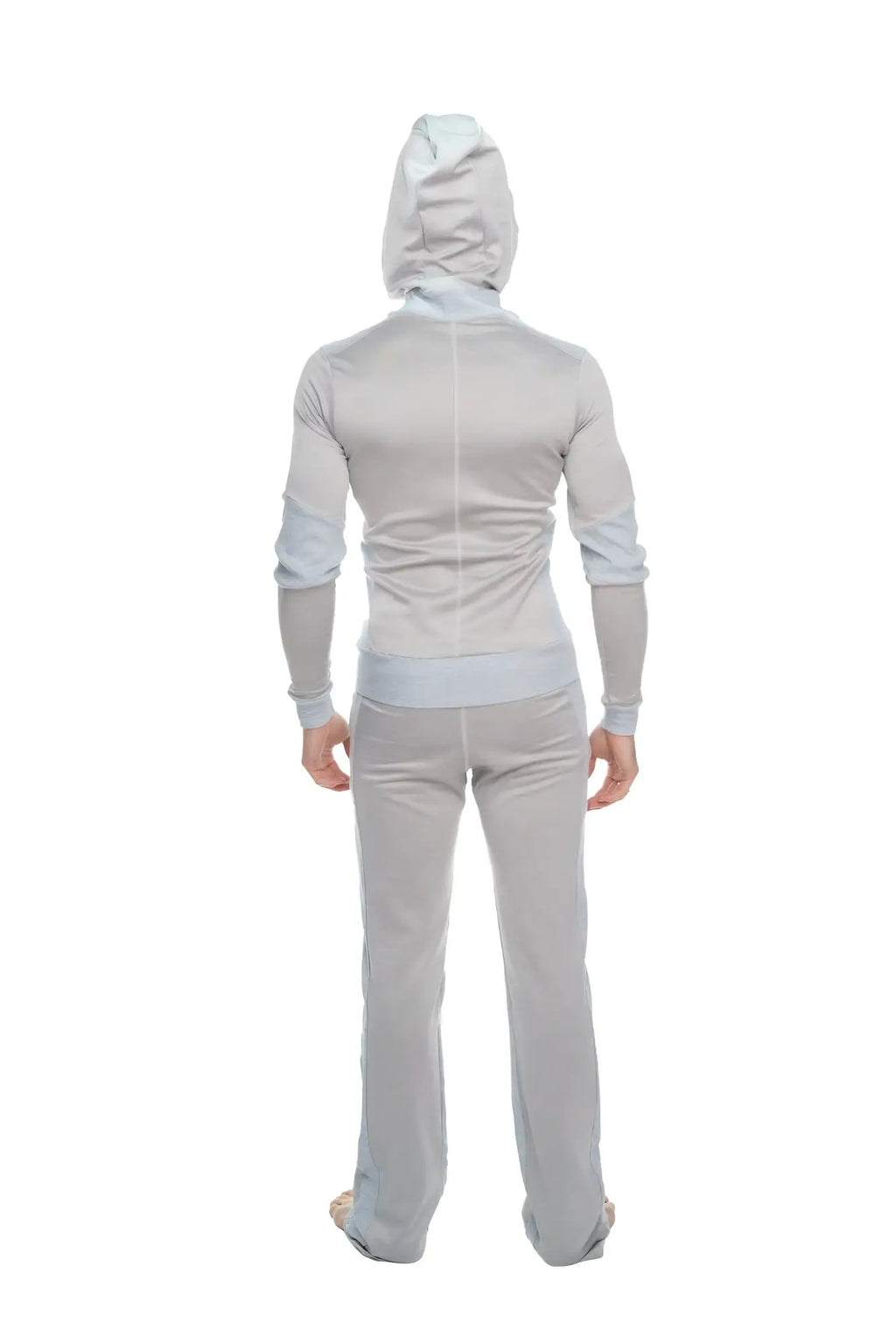 Light gray mid-weight performance-luxe fleece hoodie and matching pants set with soft stretchy fabric and seam detailing