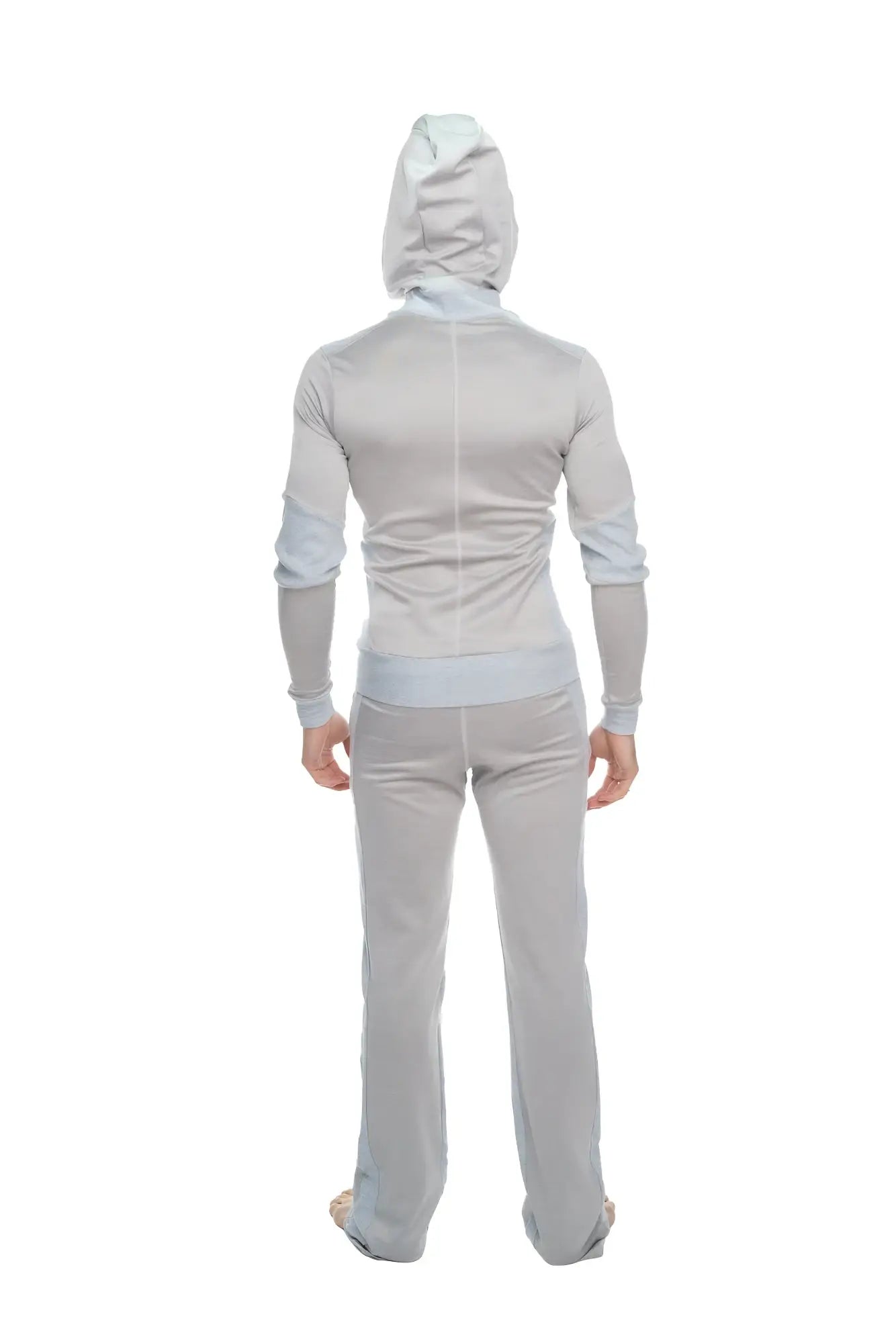 Light gray mid-weight performance-luxe fleece hoodie and matching pants set with soft stretchy fabric and seam detailing