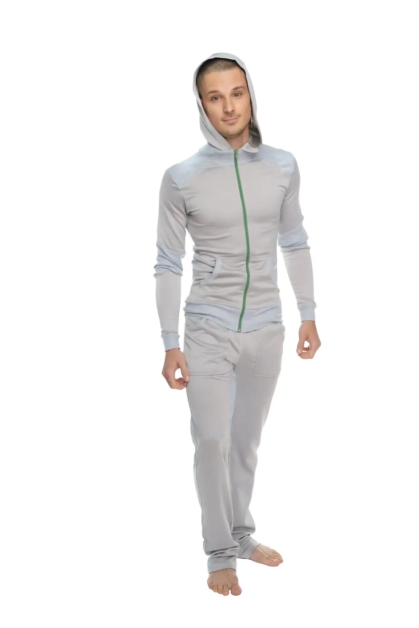 Light gray mid-weight performance-luxe-fleece form-fit crossover yoga track hoodie with green zipper and seam detailing