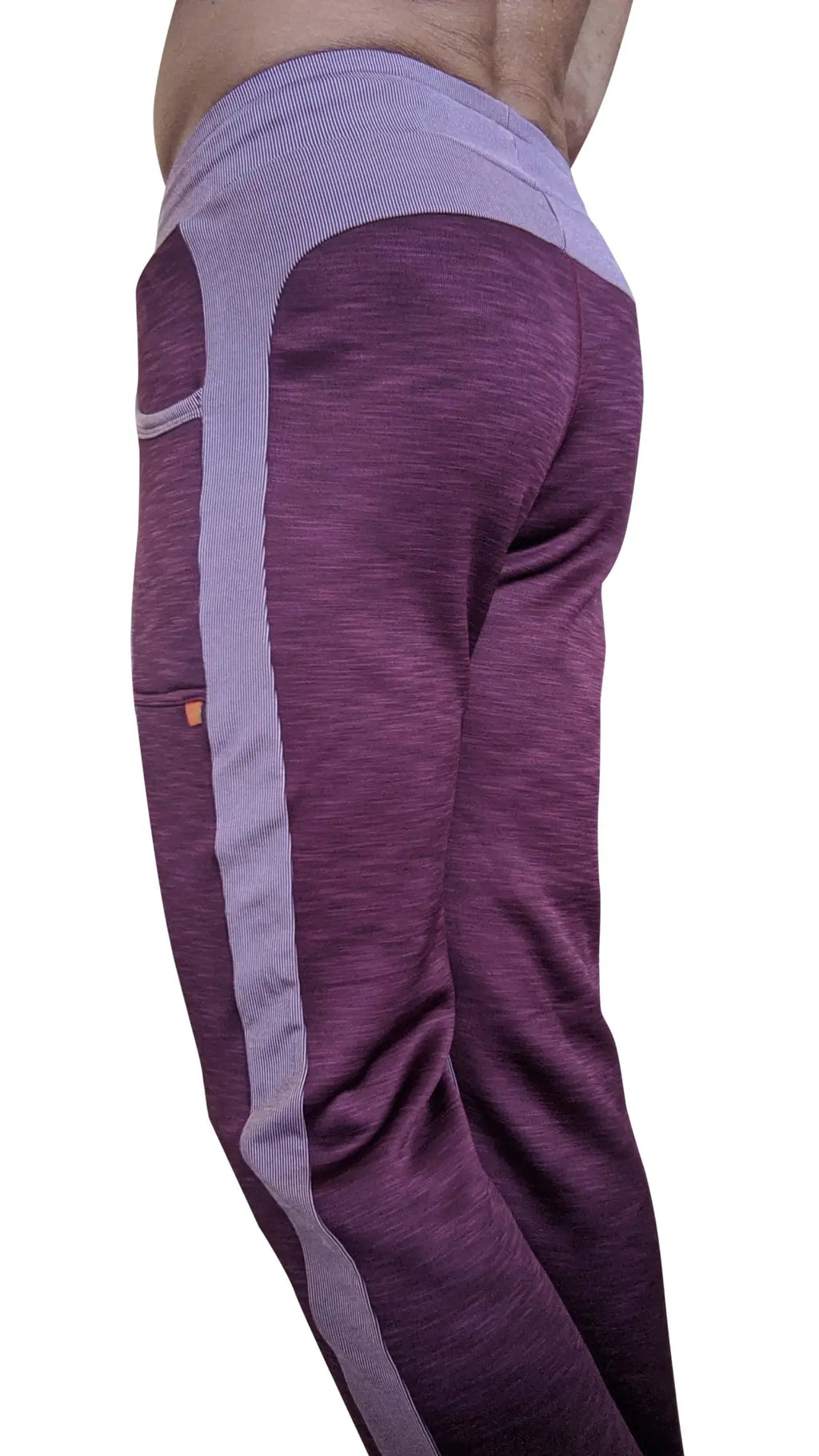 Winter collection plum purple thick-weight fleece track pant with textured fabric and gray vertical side stripes