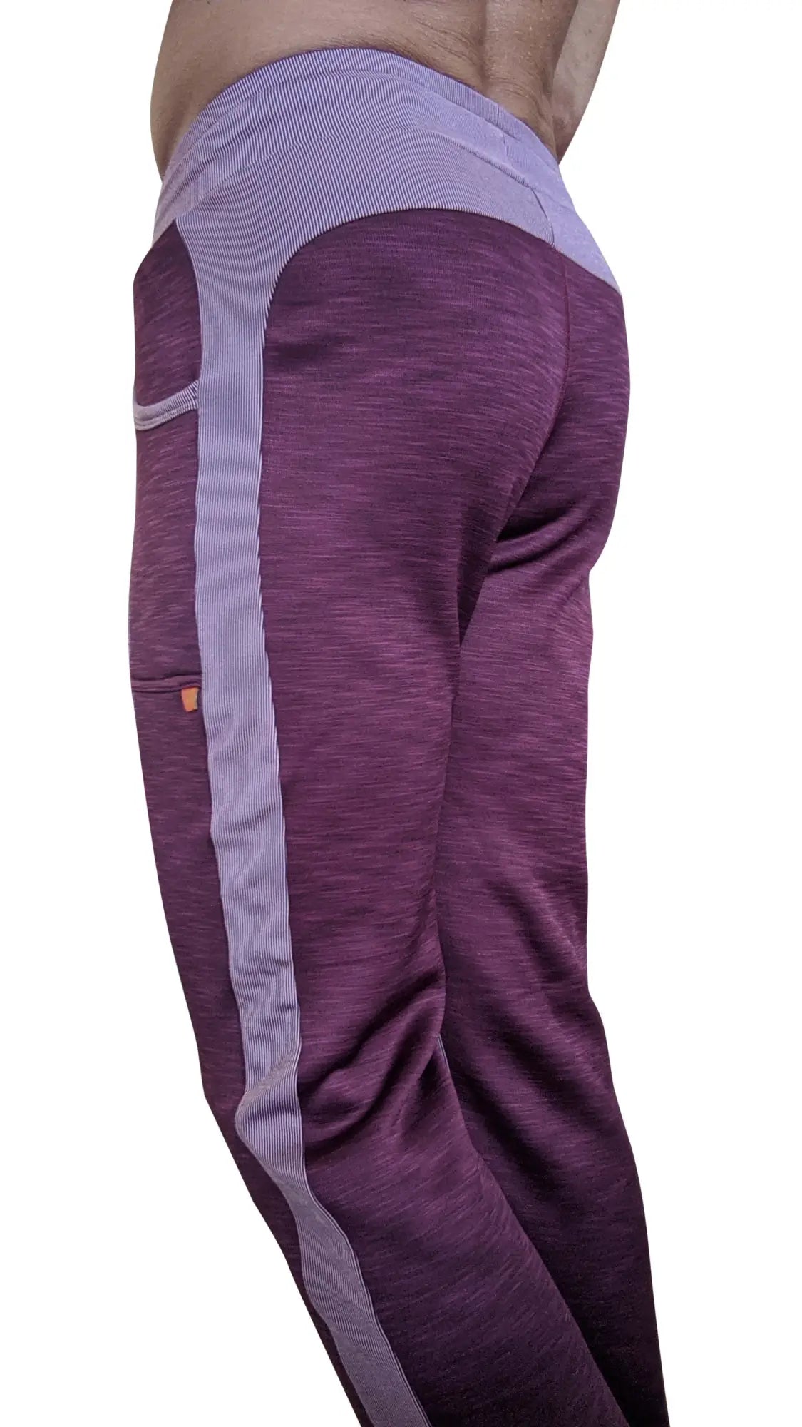 Winter collection plum purple thick-weight fleece track pant with textured fabric and gray vertical side stripes