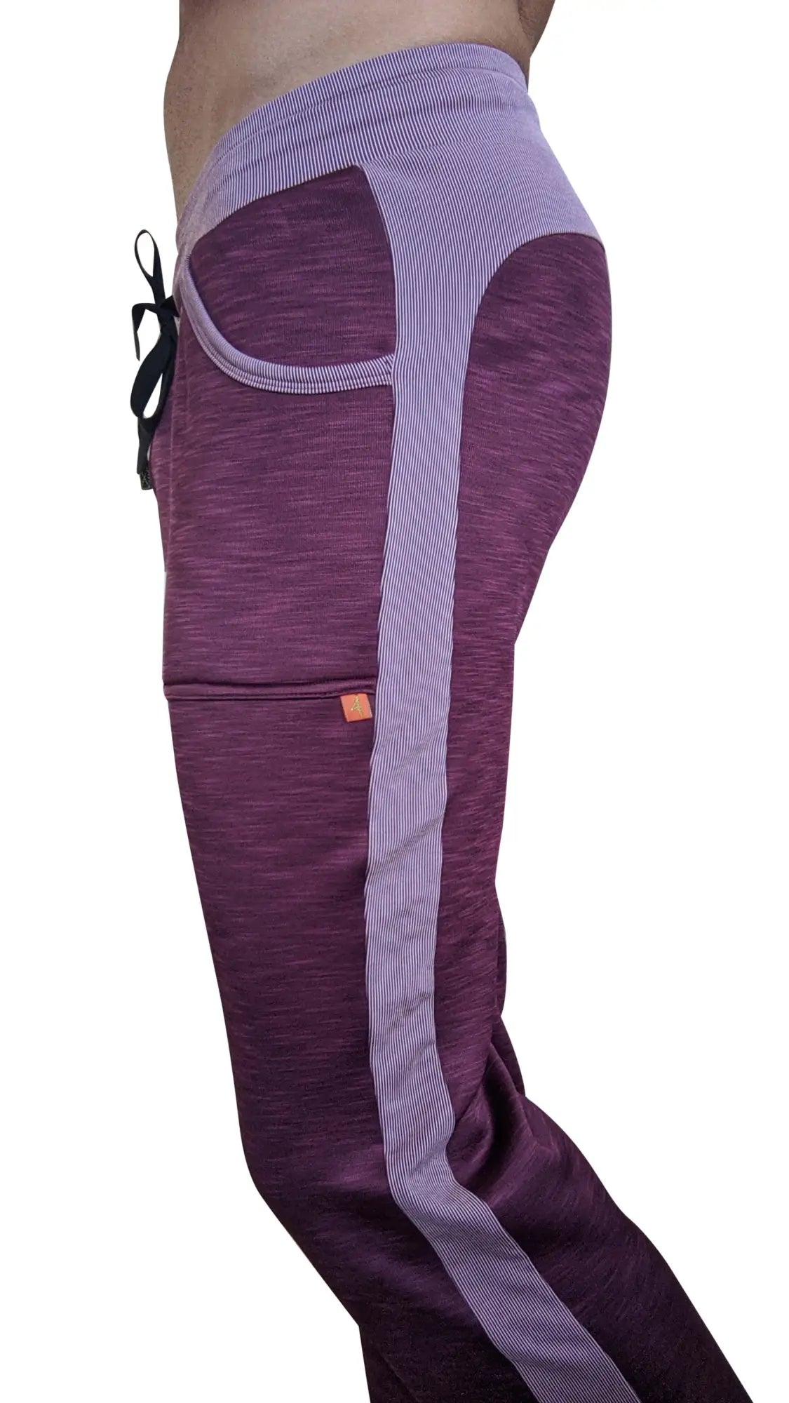 Winter collection plum purple thick-weight fleece track pants with ribbed lavender side stripe and black drawstring