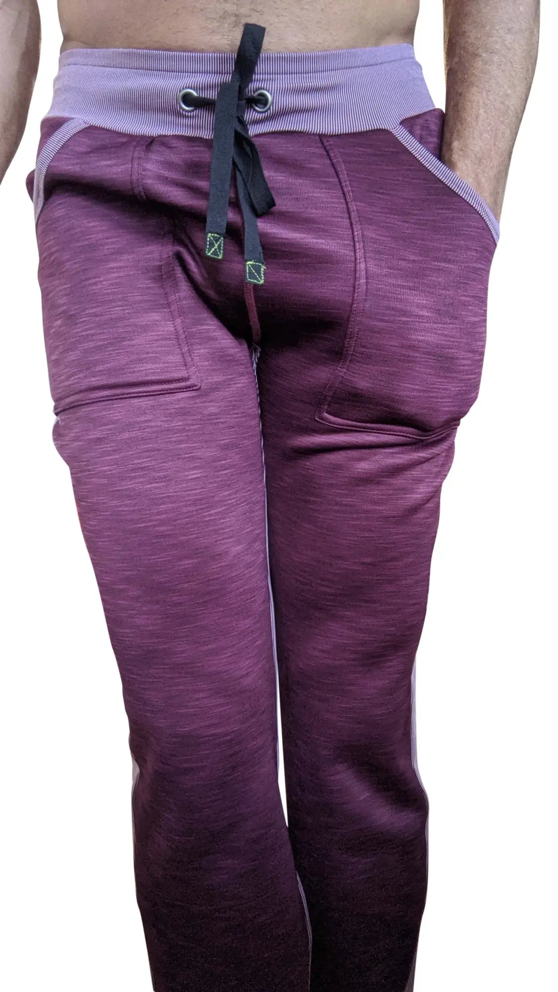 Plum purple thick-weight fleece sweatpant with striped waistband and black drawstring for winter collection