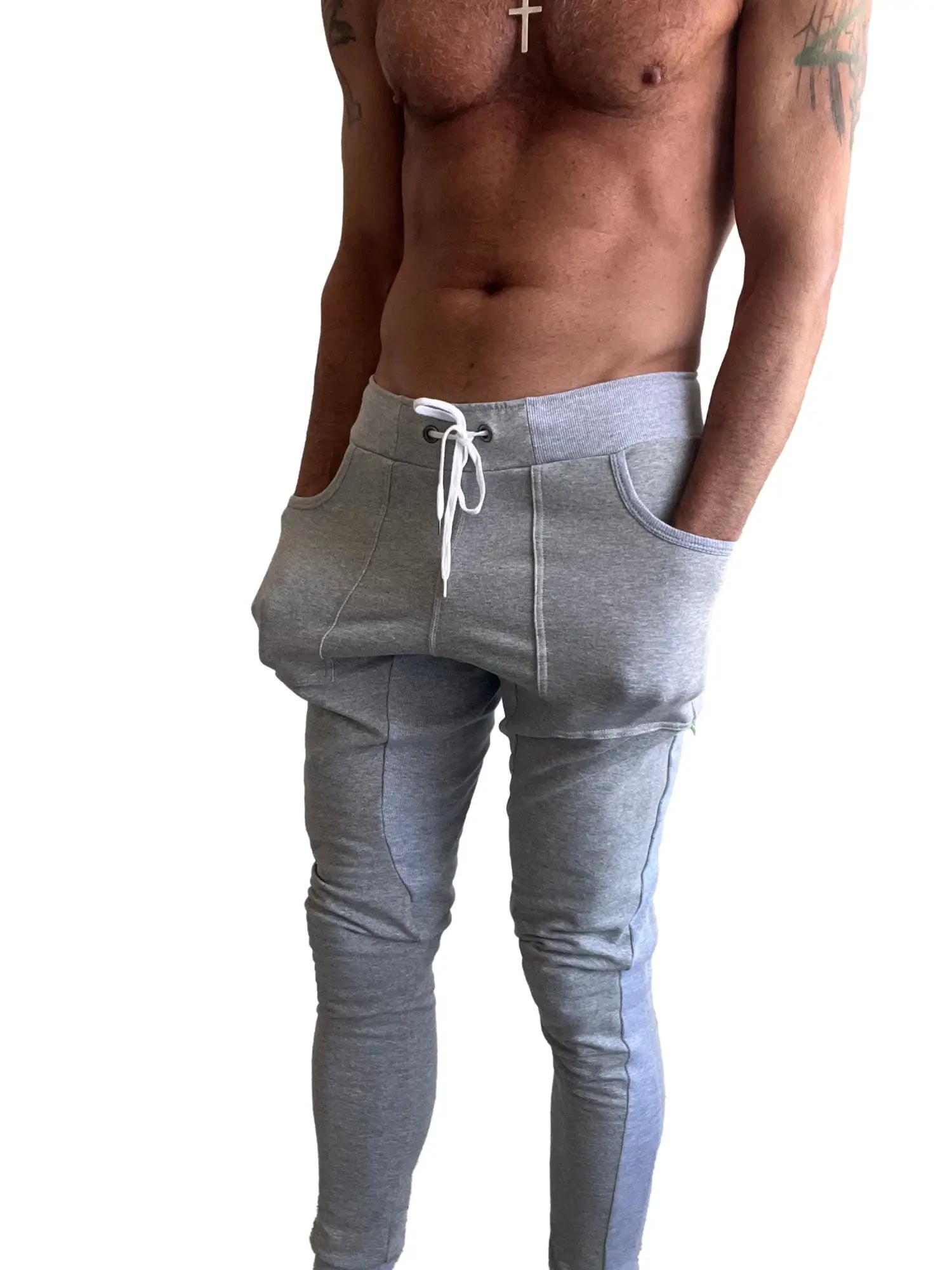 Winter edition luxury-fleece light heather grey jogger pants with white drawstring and side pockets for yoga and casual wear