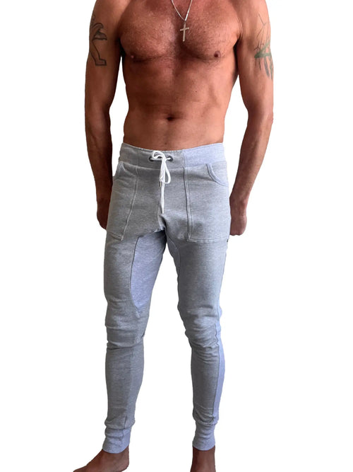 Gray athletic joggers with white drawstring waistband and side pockets in winter edition luxury-fleece long cuffed style