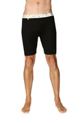 Black yoga compression shorts with colorful geometric patterned waistband designed for cycling and athletic use