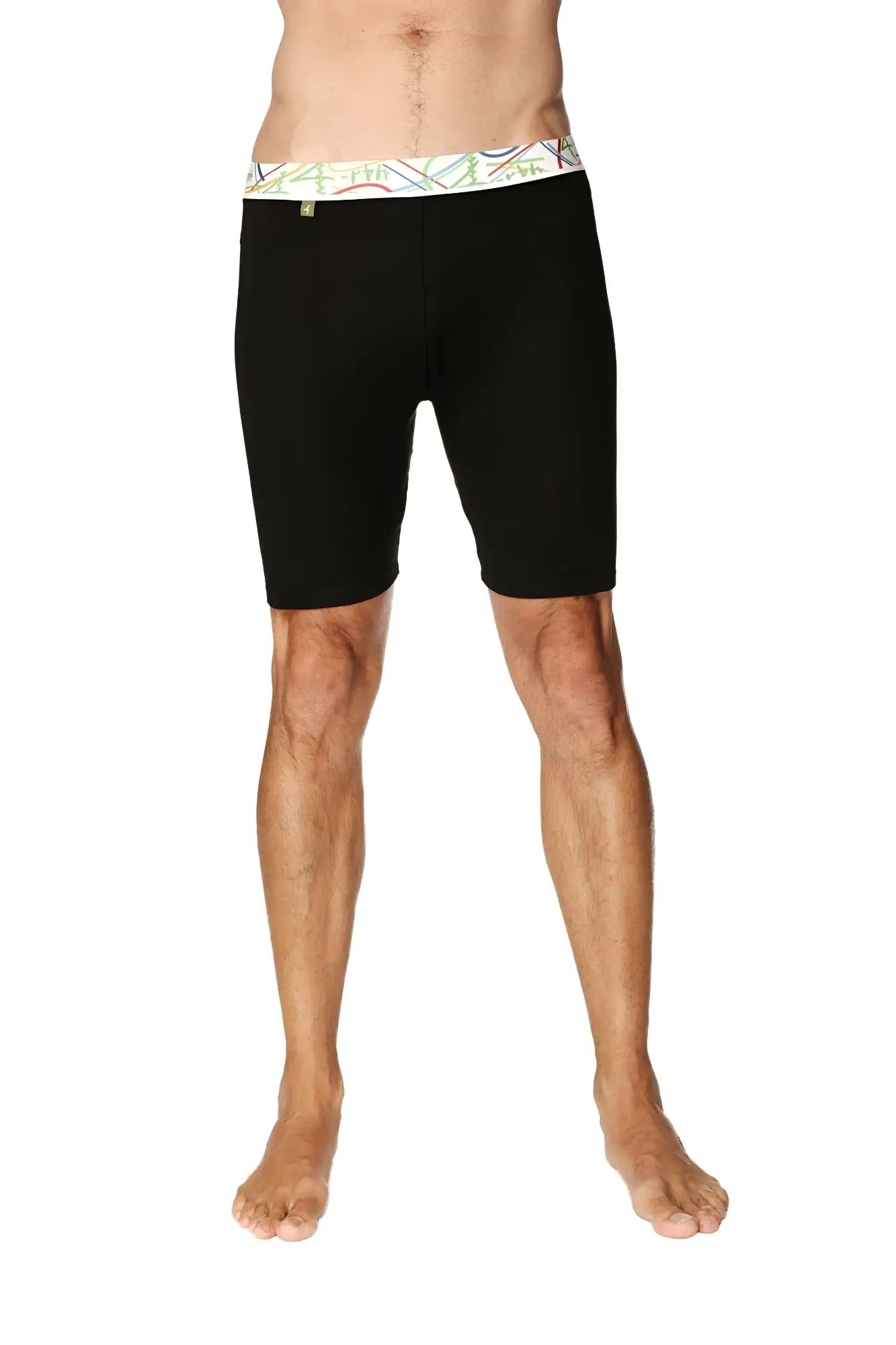 Black yoga compression shorts with colorful geometric patterned waistband designed for cycling and athletic use