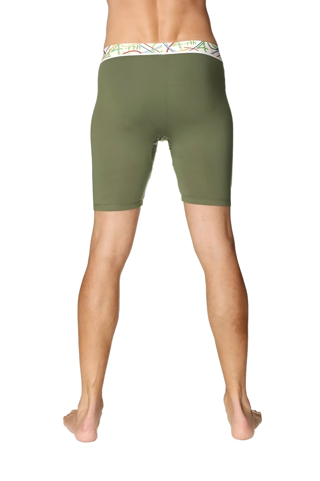 Olive green yoga compression shorts with colorful patterned waistband designed for men’s activewear