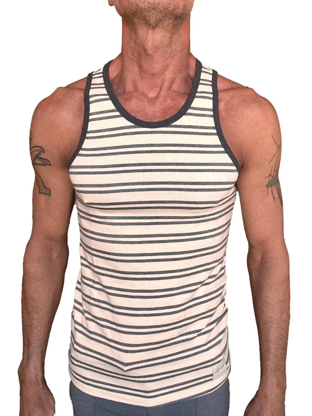A men’s tank top with cream and dark gray horizontal stripes in nautical fleece with ribbed neckline and armholes