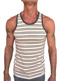 A men’s tank top with cream and dark gray horizontal stripes in nautical fleece with ribbed neckline and armholes