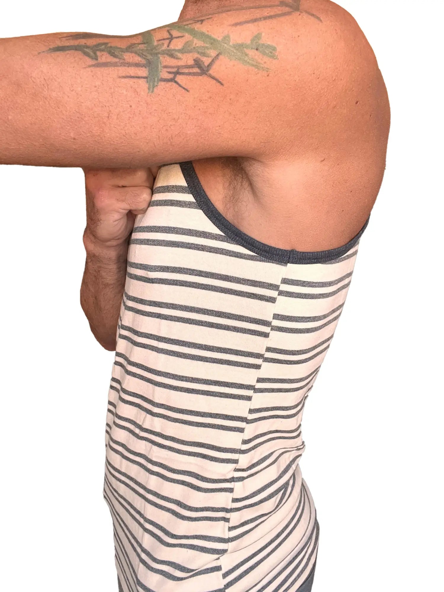 Striped navy and off-white Yummy Nautical Fleece sustain tank top with dark blue ribbed neckline in dark gray stripe