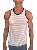 Yummy nautical fleece sustain tank top men’s striped cream and gray with black ribbed neckline and armholes