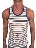 Yummy nautical fleece sustain tank top in navy and off-white stripes with ribbed neckline for casual wear