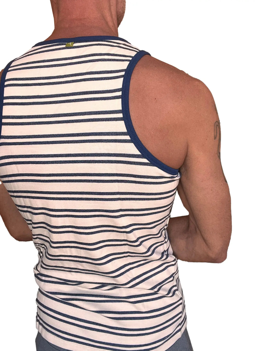 A navy and off-white striped navy stripe yummy nautical fleece sustain tank top with ribbed blue trim