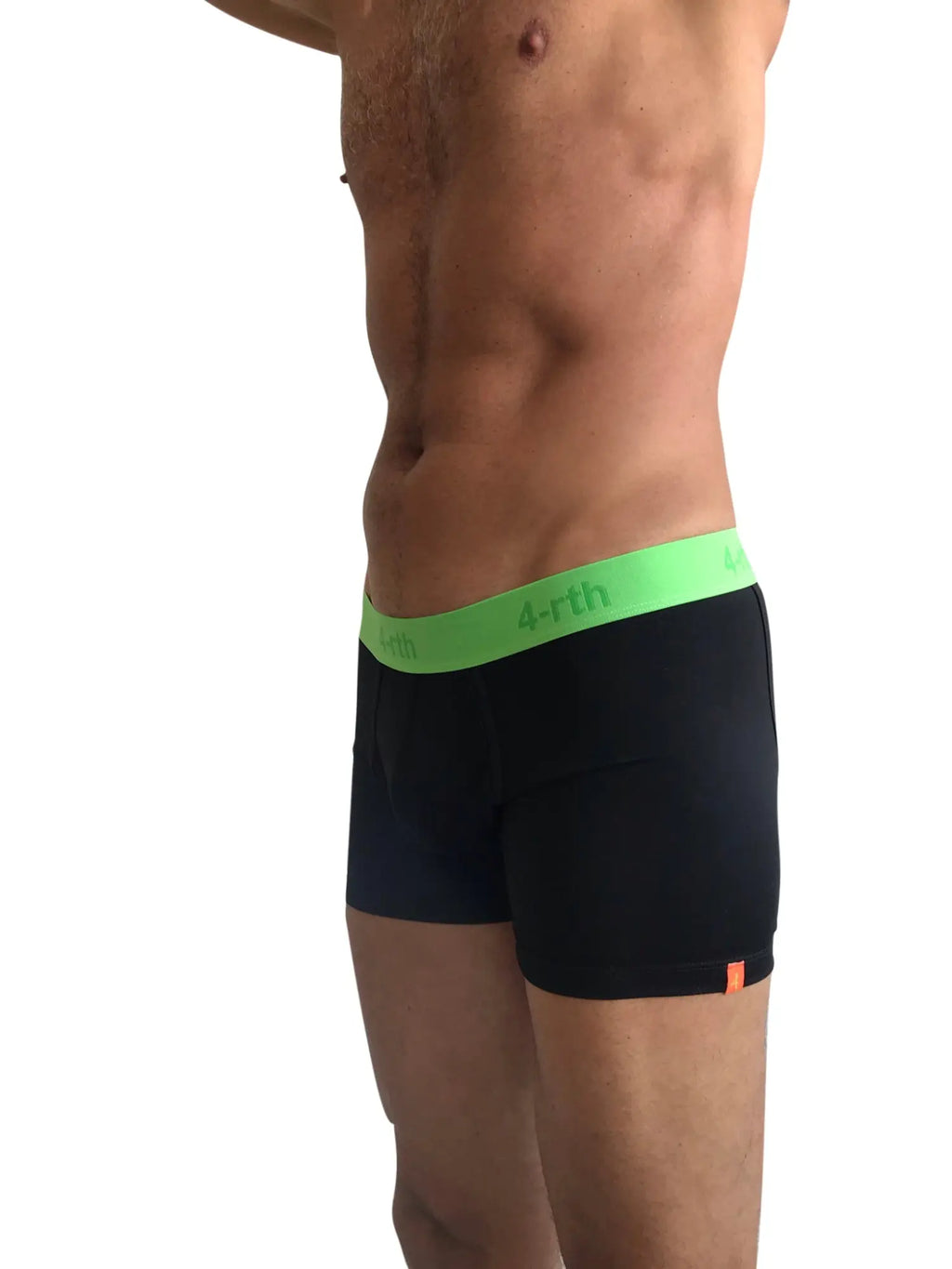 Zen boxer brief black with bright green 4-rth logo waistband and orange side tag designed for comfort and support
