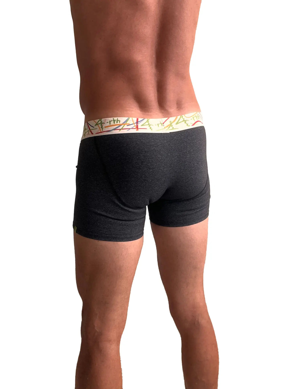 Black heathered boxer briefs with colorful geometric waistband pattern zen boxer brief charcoal grey front view