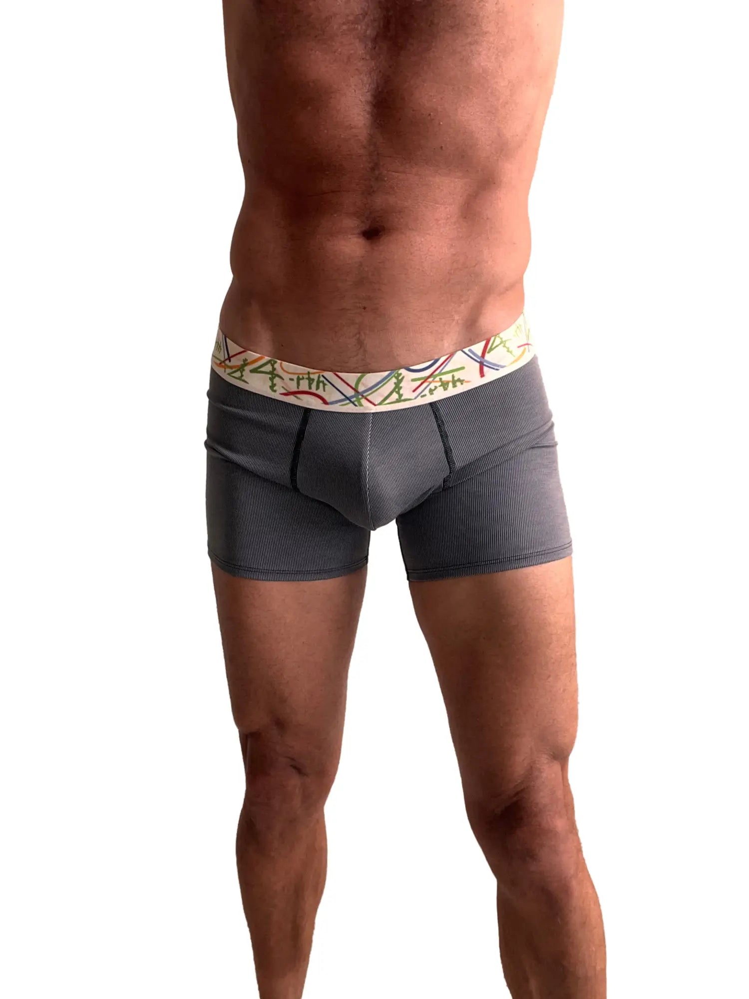 Zen boxer brief charcoal grey stripe with gray textured fabric and colorful geometric patterned waistband