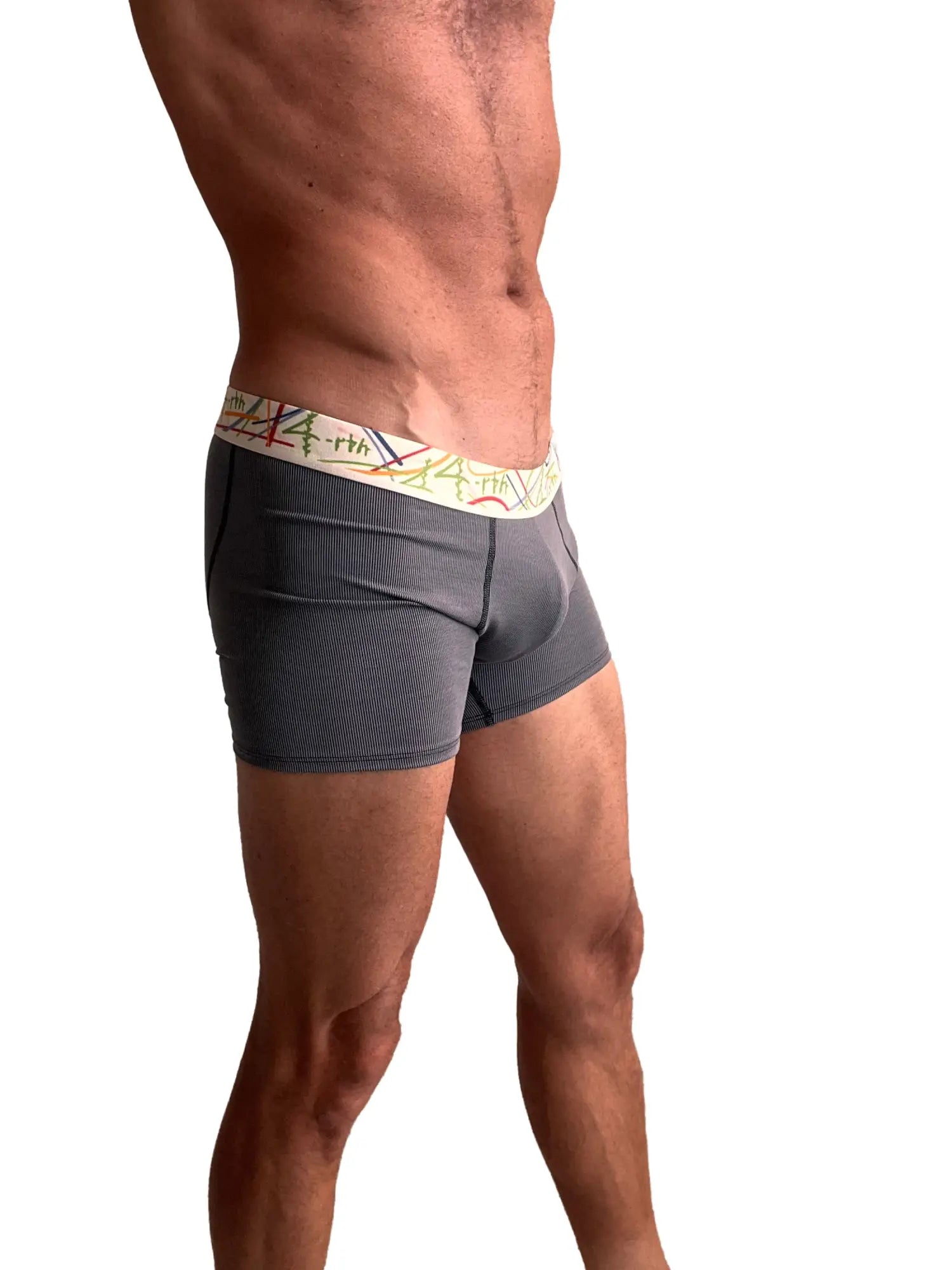 Gray textured zen boxer brief in charcoal grey stripe with a colorful patterned waistband for comfortable support