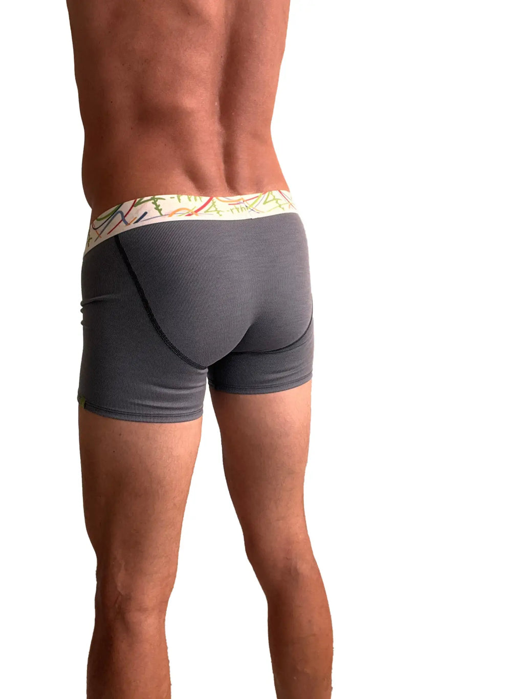 Gray textured zen boxer brief with colorful patterned waistband in charcoal grey stripe design for comfortable wear