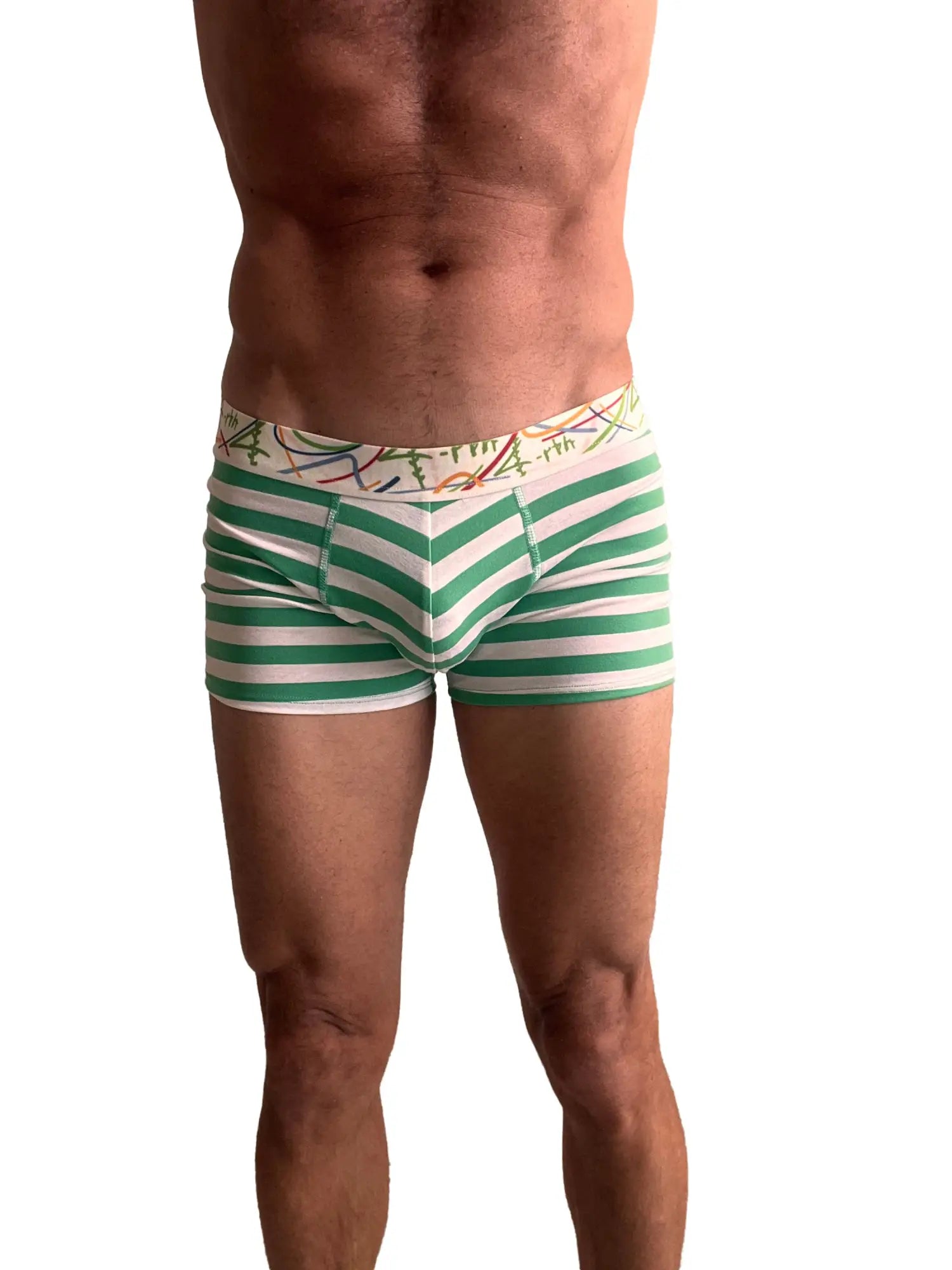 Green and white striped zen boxer brief with colorful abstract waistband pattern for comfortable everyday wear