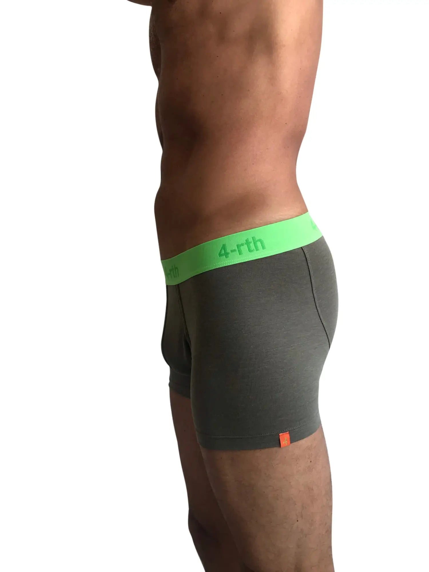Gray zen boxer briefs with a bright green 4-rth waistband and orange tag in rainforest army green color