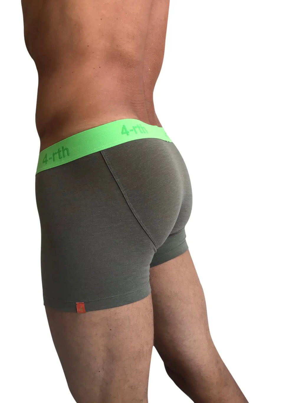 Gray zen boxer briefs with bright green 4-rth logo waistband and orange tag in rainforest army green color