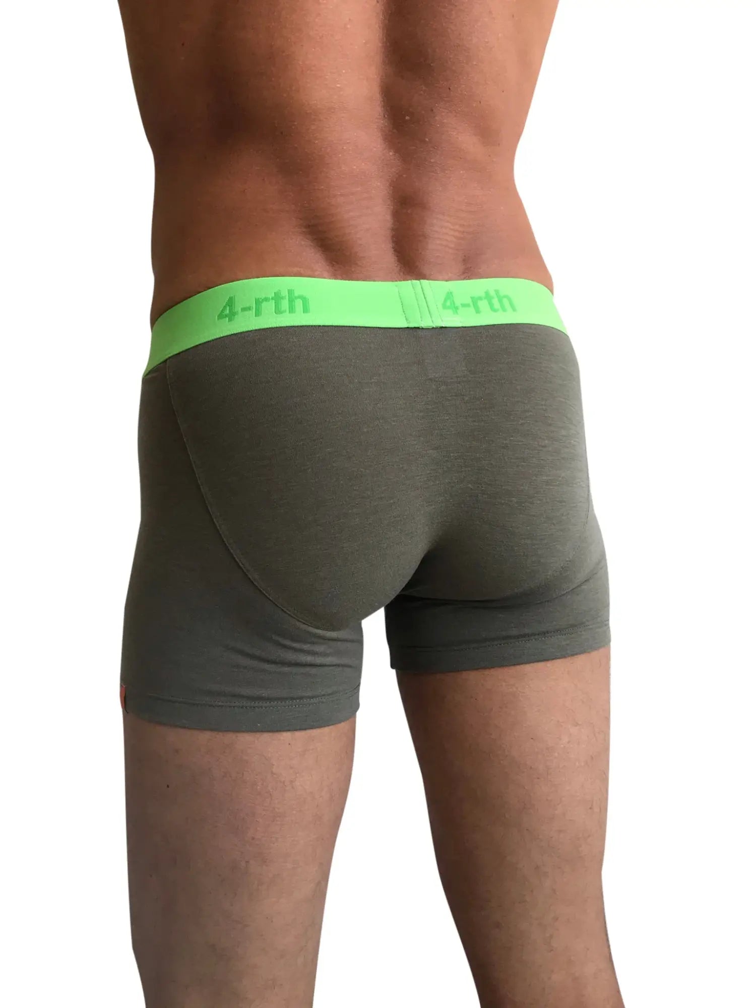 Olive green zen boxer brief with neon lime 4-rth waistband designed for comfort and performance