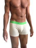 Cream-colored zen boxer brief in sand beige with bright green waistband featuring the 4-rth logo