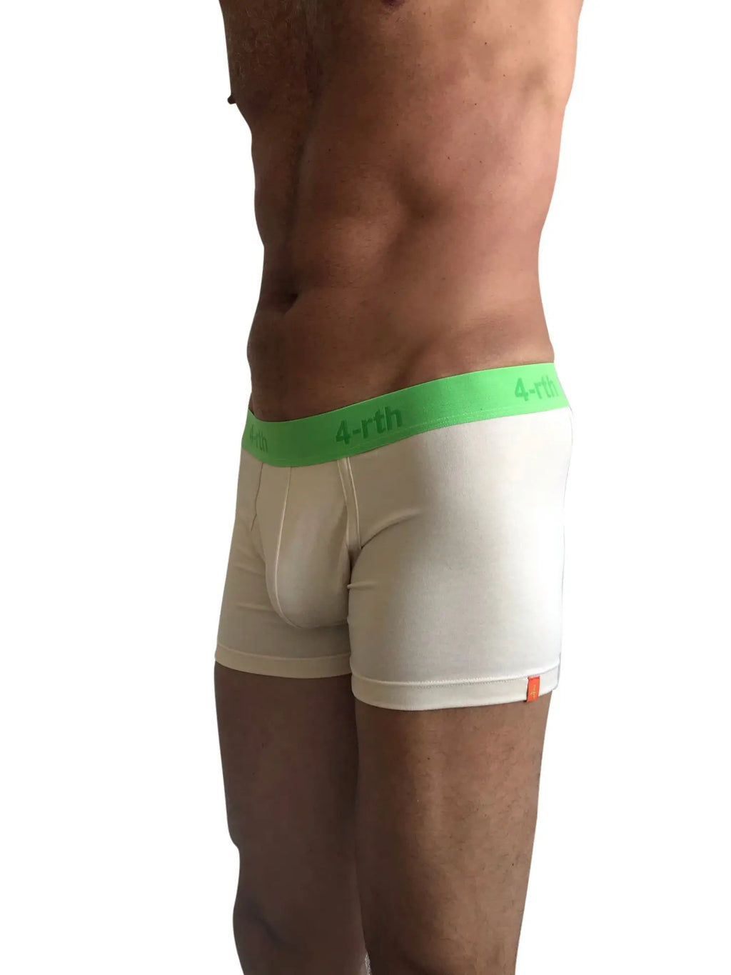 Cream-colored zen boxer briefs with bright green 4-rth waistband in sand beige designed for comfort and support