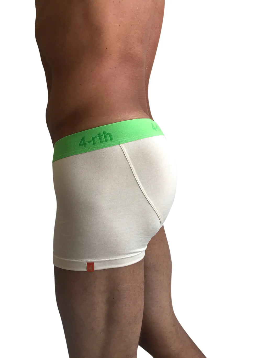 White boxer briefs with bright green 4-rth logo waistband from zen boxer brief sand beige collection