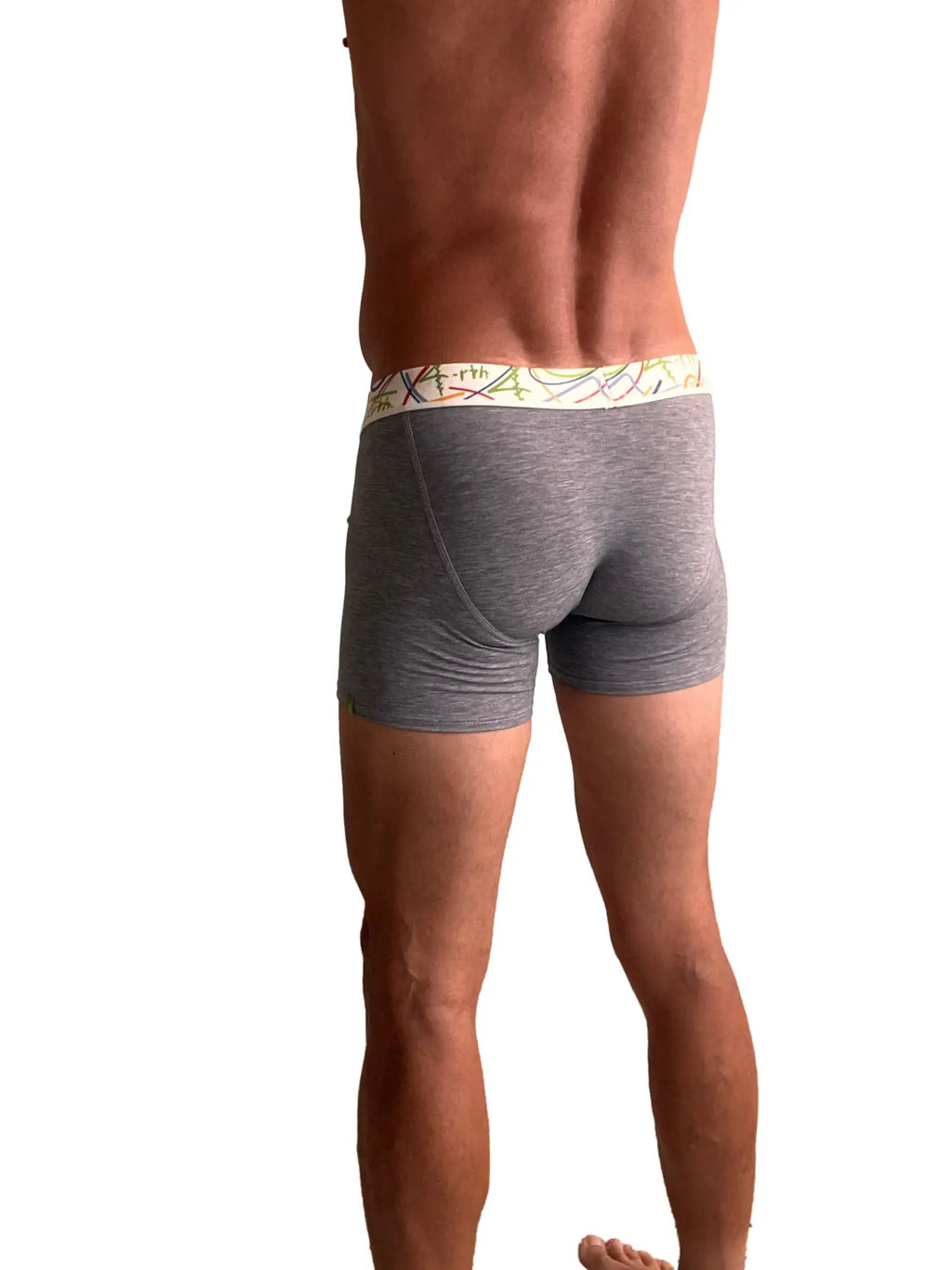Gray heathered zen boxer brief with a colorful patterned waistband designed for comfort and style