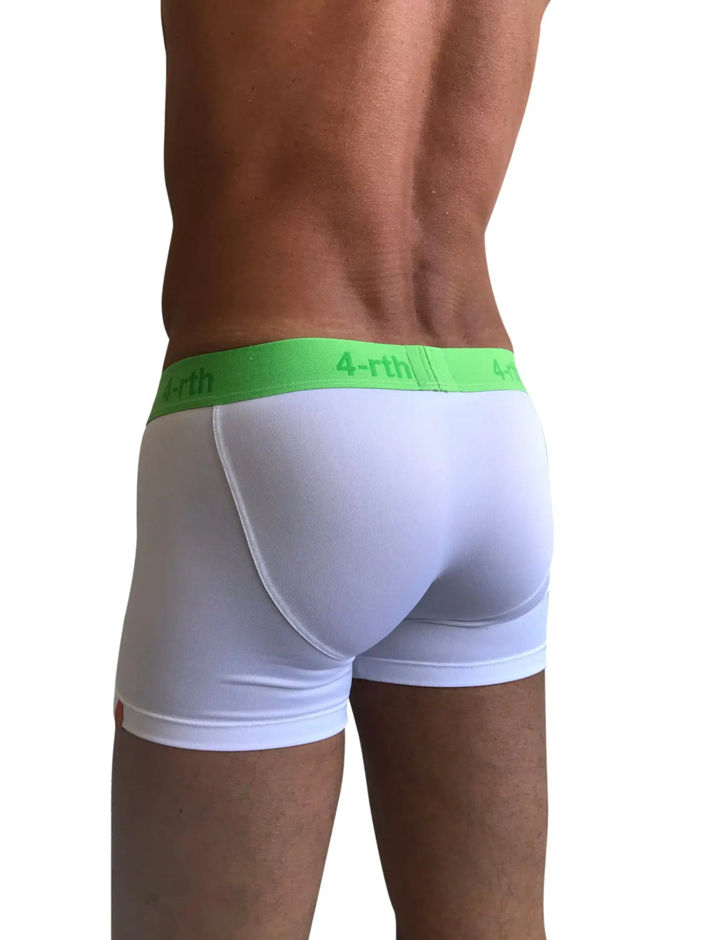 White zen boxer brief with bright green elastic waistband featuring the 4-rth logo for comfortable wear