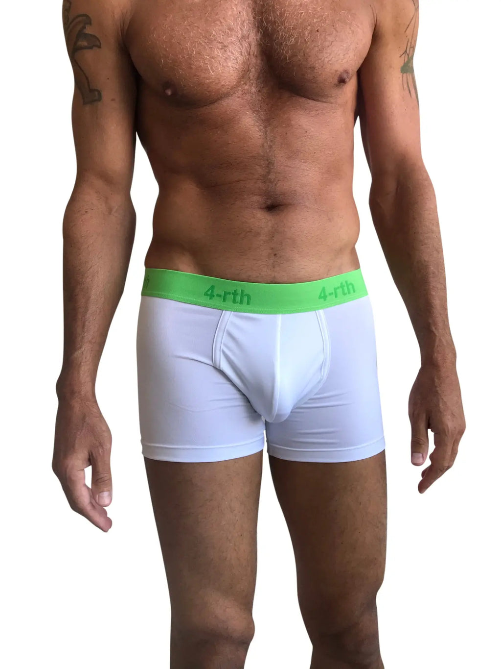 White zen boxer briefs with a bright green waistband featuring the 4-rth logo for comfortable everyday wear