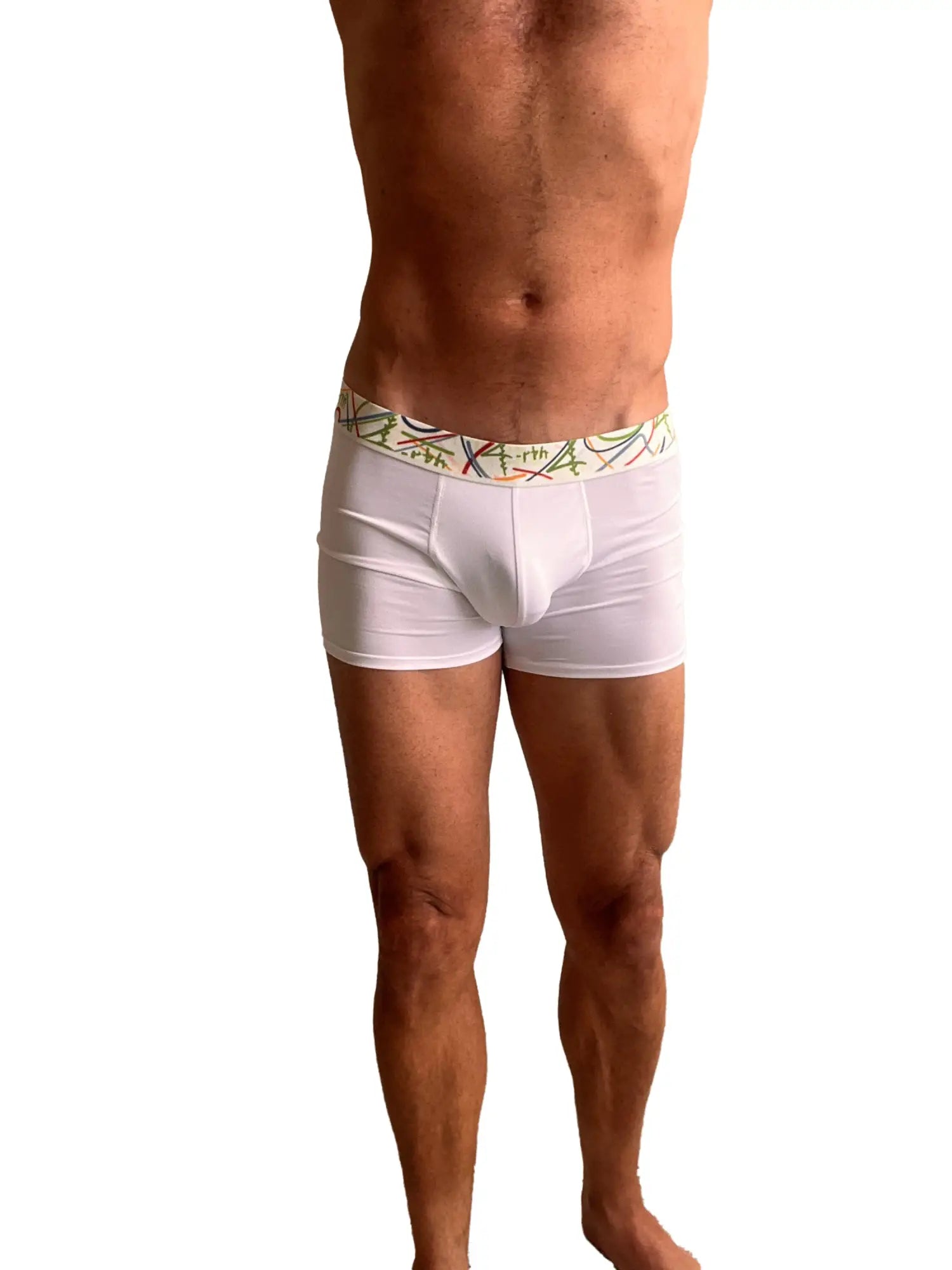White zen boxer briefs featuring a colorful green and orange abstract patterned waistband for comfortable wear