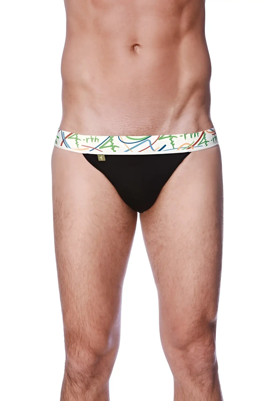 Black zen jock strap briefs with colorful abstract patterned waistband designed for comfort and support