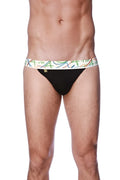 Black zen jock strap briefs with colorful abstract patterned waistband designed for comfort and support