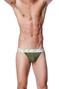 Zen jock strap forest green men’s olive green jockstrap with colorful abstract pattern on waistband