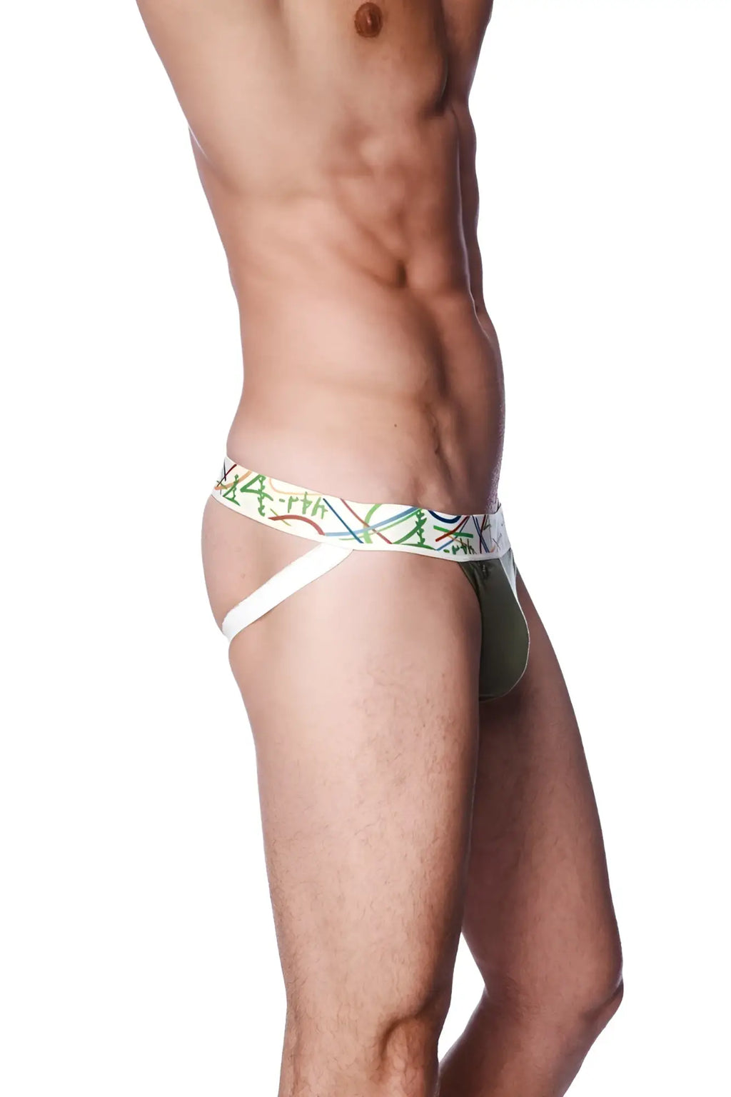 Olive green and white patterned zen jock strap briefs with colorful abstract waistband lines front view