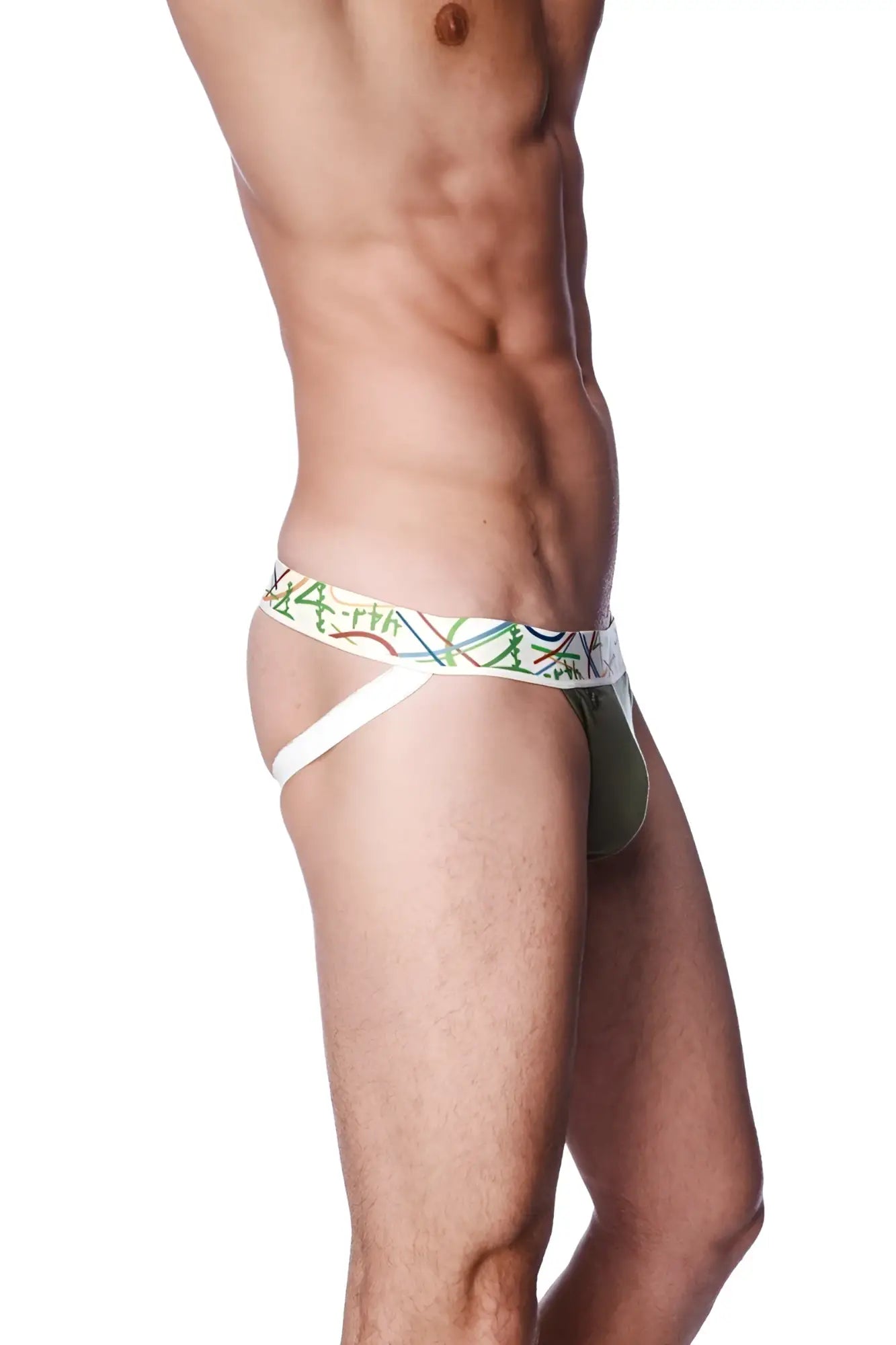 Olive green and white patterned zen jock strap briefs with colorful abstract waistband lines front view