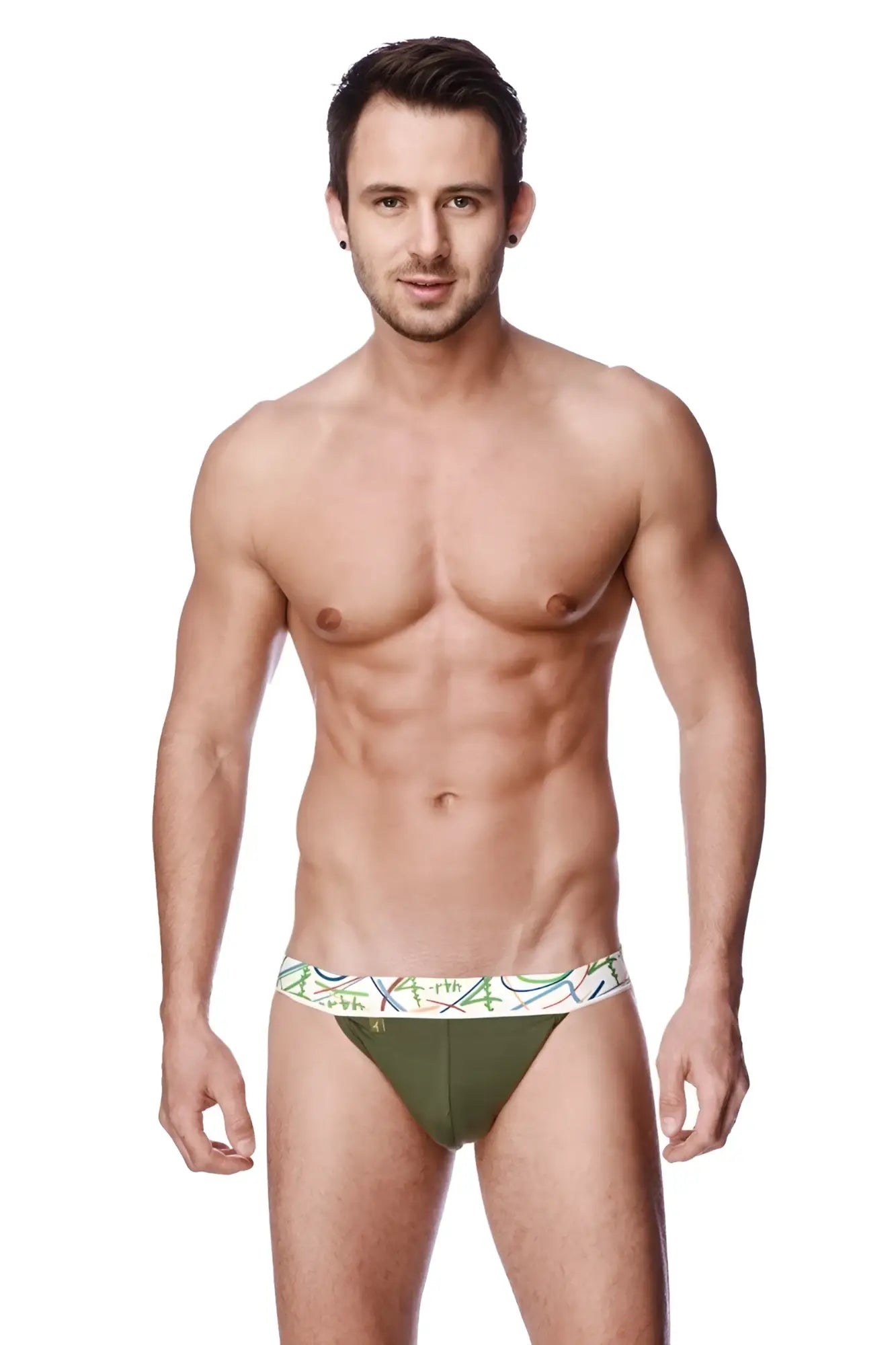 Olive green zen jock strap briefs with white waistband and colorful abstract line patterns for activewear
