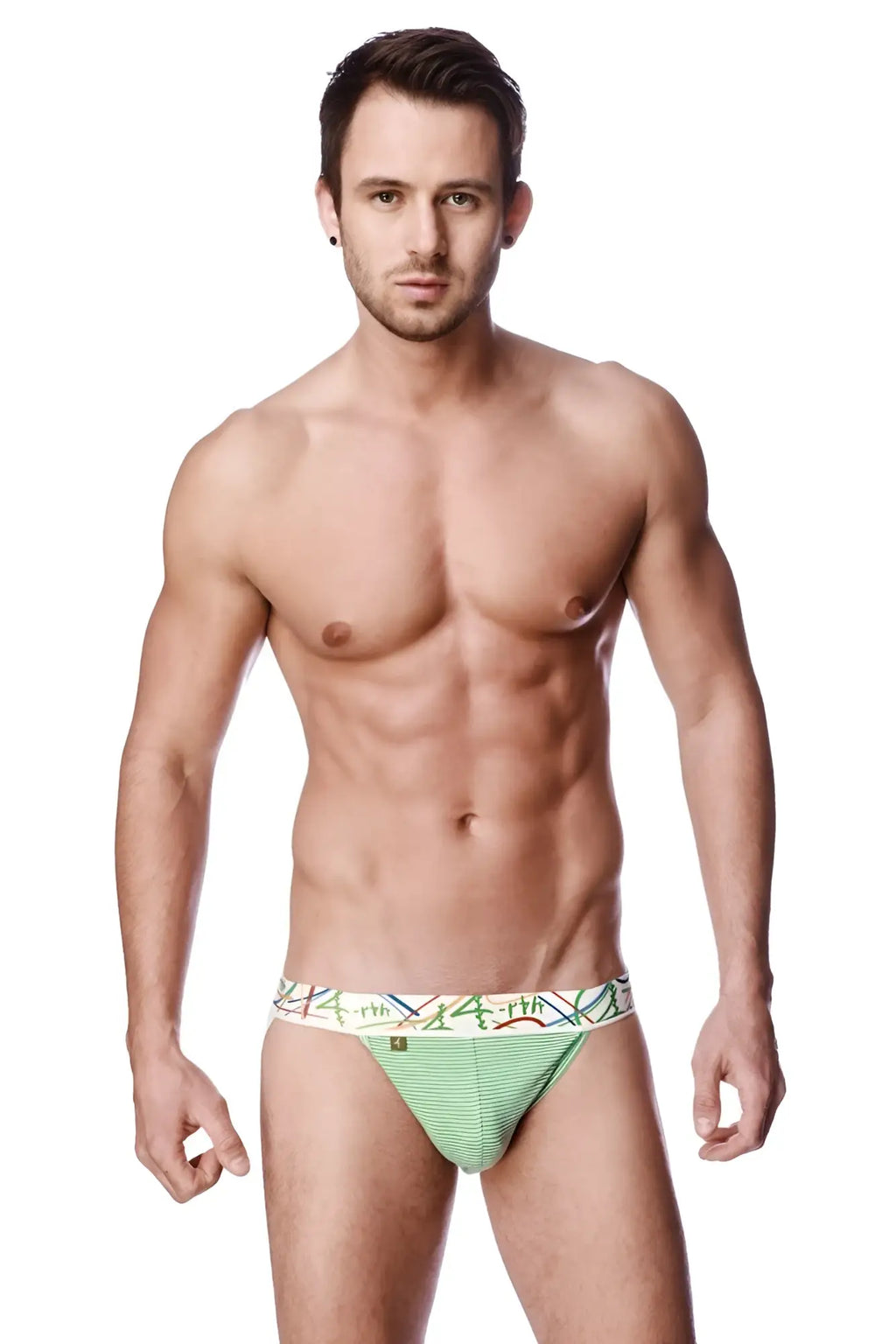 Light green striped zen jock strap briefs with a colorful geometric waistband for comfortable support