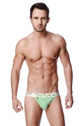Light green striped zen jock strap briefs with a colorful geometric waistband for comfortable support