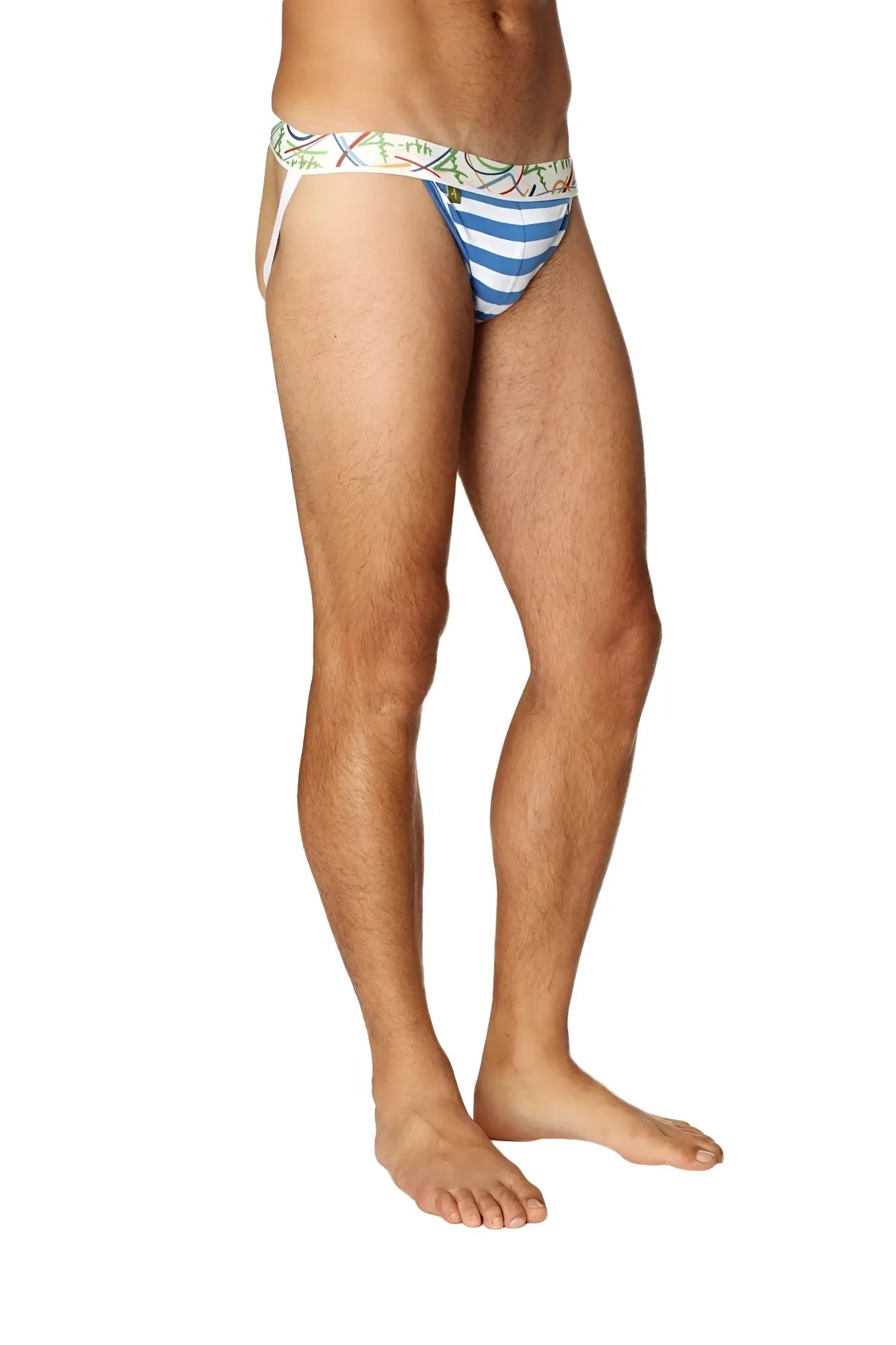 Blue and white striped men’s briefs with colorful patterned waistband from zen jock strap nautical blue collection