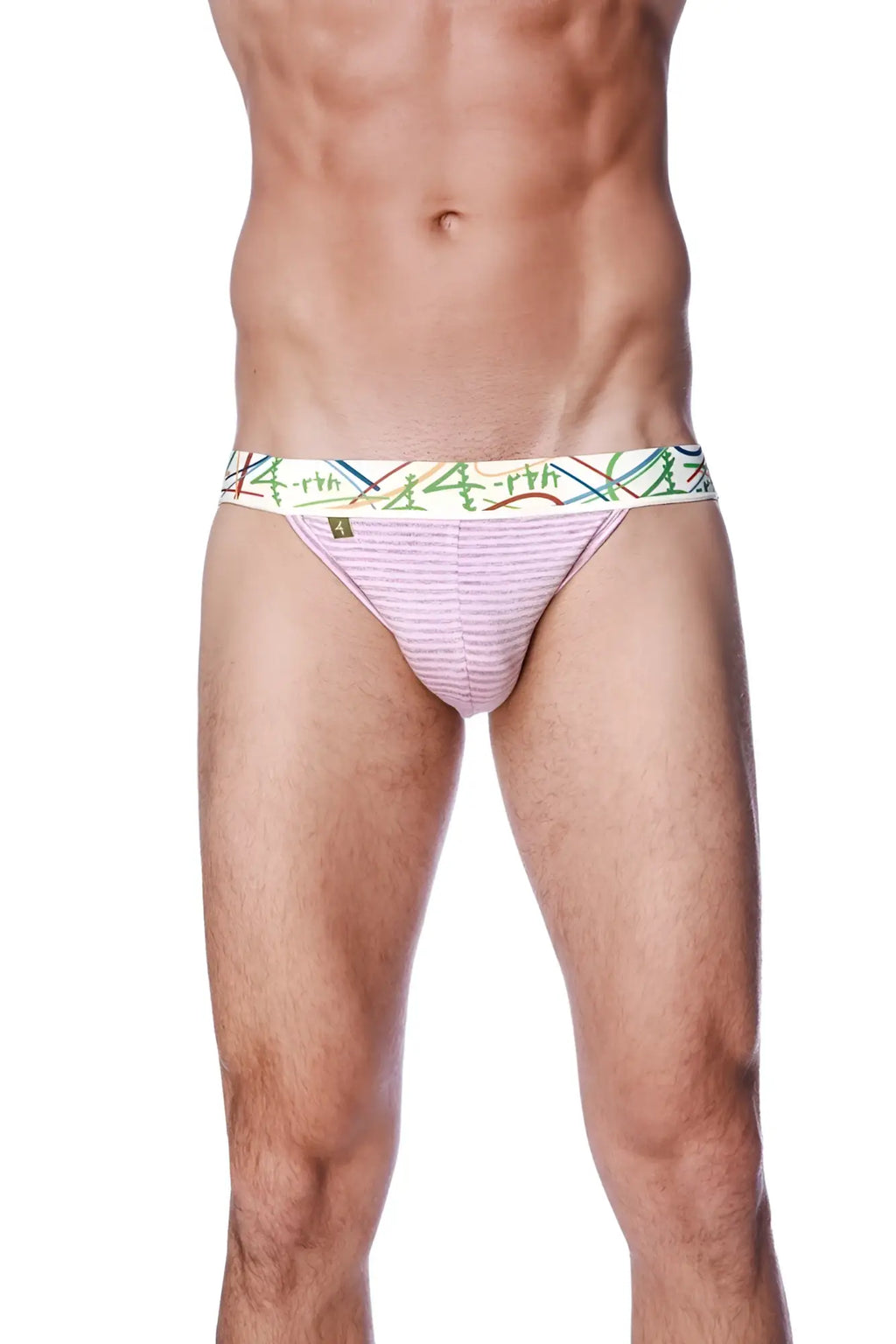 Pink and grey stripe zen jock strap briefs with a colorful abstract patterned waistband front view