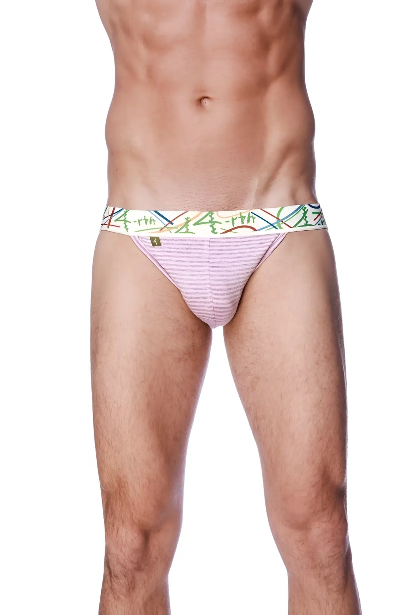 Pink and grey stripe zen jock strap briefs with a colorful abstract patterned waistband front view