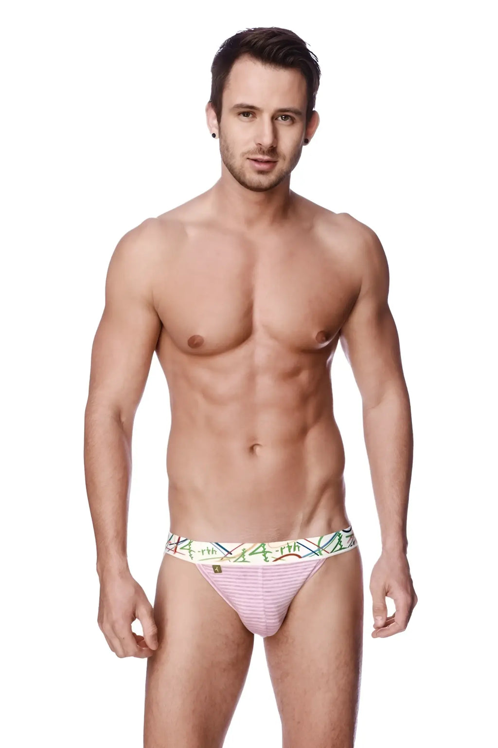 Men’s pink striped zen jock strap briefs with colorful bamboo patterned waistband in front view