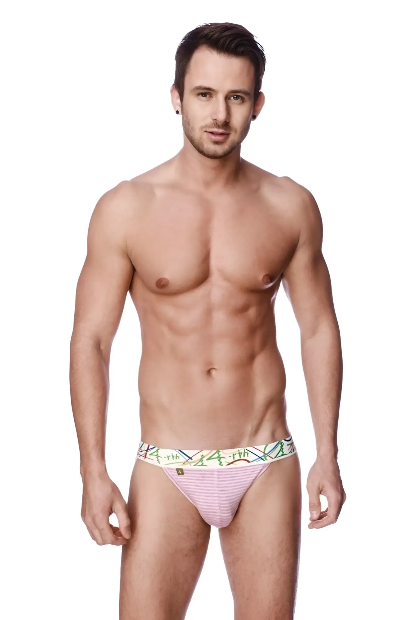 Men’s pink striped zen jock strap briefs with colorful bamboo patterned waistband in front view